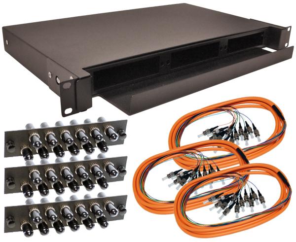 36-Strand Pre-Loaded OM1 Multimode ST Slide-Out 1U Fiber Patch Panel with Jacketed Pigtail Bundle