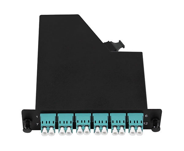 MTP® Elite Cassette - 1x12 Fiber MTP/PC Elite-Male (With Pins), LC/UPC 12 Fiber, MM, 50/125um, OM3, Aqua Adapters, LGX Compatible, A-Polarity