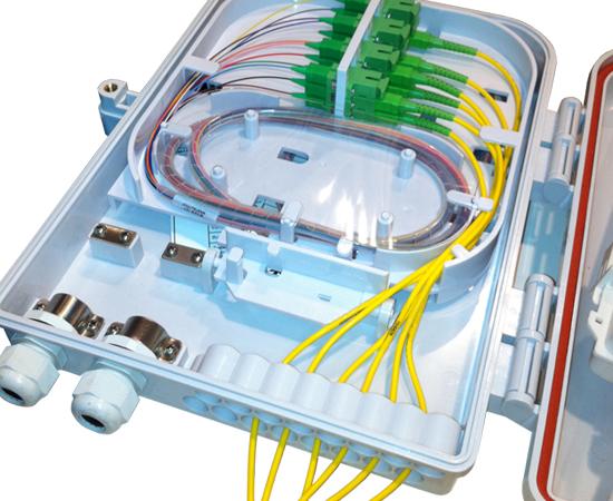 Wall Mount Plastic Fiber Distribution Unit, 16 SC Connections & 24 Splices