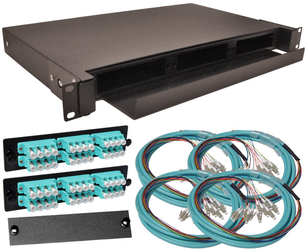 48-Strand Pre-Loaded OM3 Multimode 10G LC Slide-Out 1U Fiber Patch Panel with Jacketed Pigtails Bundle