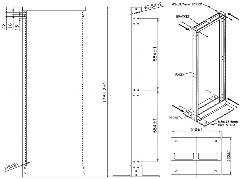 Network Rack, Open Frame, 2 Post Single-Sided, 27U