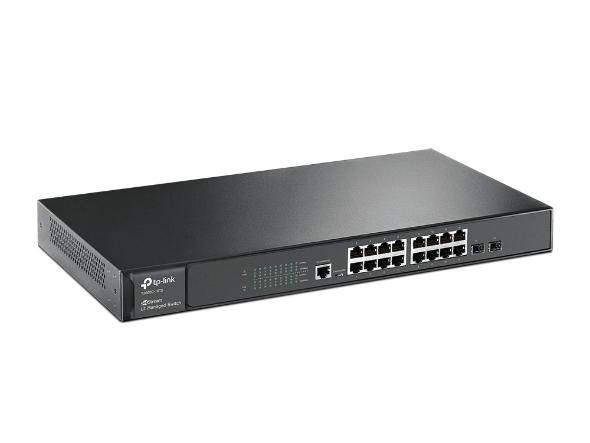 JetStream 16-Port Gigabit L2 Managed Ethernet Switch with 2 SFP Slots - angled view